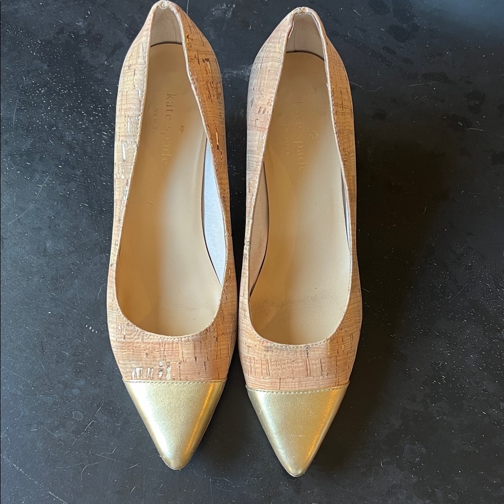 Kate Spade Tan and Gold Pointed Cork Heels